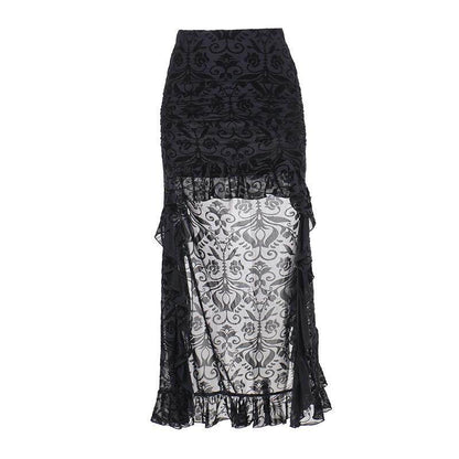 Black damask maxi skirt with sheer overlay and gray damask center panel