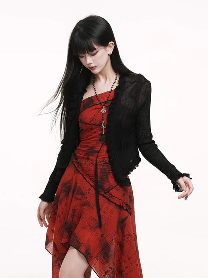 Black sheer cardigan with scalloped cuffs and open front, lightweight long sleeves