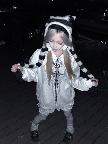 White hooded loose jacket with black gothic cross print, striped hood lining