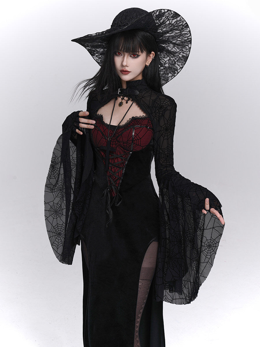 Black high-slit camisole dress with red corset panel and long sheer lace sleeves