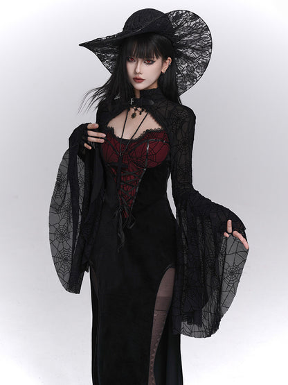 Black high-slit camisole dress with red corset panel and long sheer lace sleeves