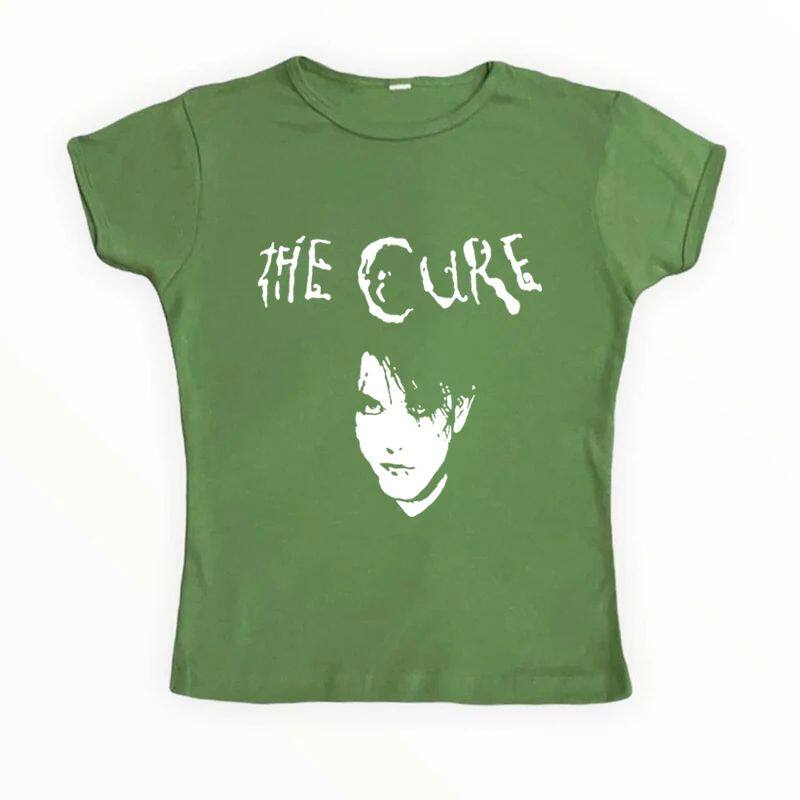 Green crewneck graphic T-shirt with band text and face portrait print