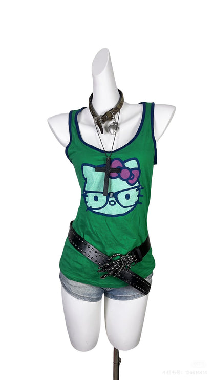 Hello Kitty print camisole tank top, green with cat-face graphic and bow detail