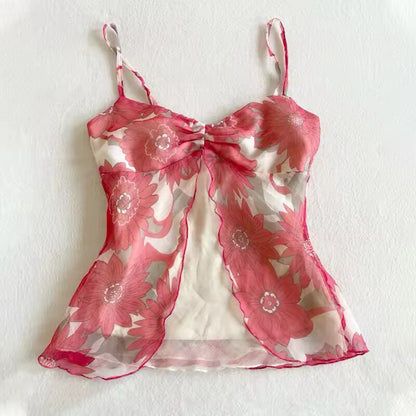 Floral mesh babydoll lingerie top with pink-and-red flower print