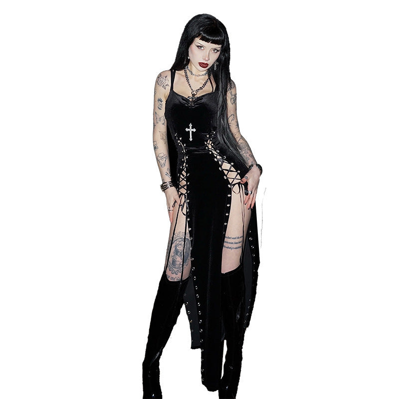 Black cut-out maxi dress, sleeveless V-neck, studded front with side lace-up and fringe
