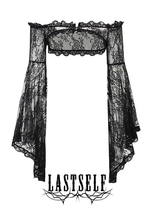 Black Silk One-Shoulder Gothic Lace Blouse