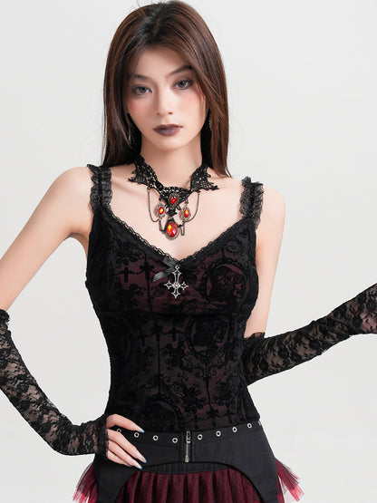 Black mesh cross camisole with V lace neckline, center clasp, dark red flocked pattern
