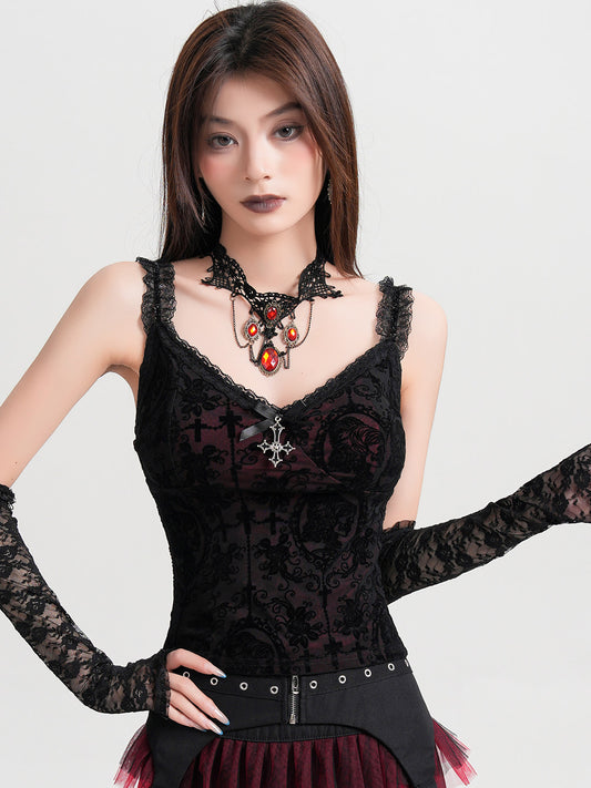 Bloody Night Song Dark Red Flocked Mesh Cross Camisole