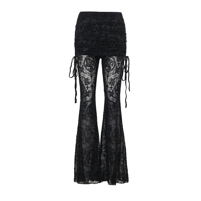 Black mesh flocked culottes with flared legs and ruched waistband, side tassels