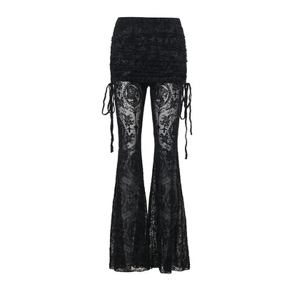 Black mesh flocked culottes with flared legs and ruched waistband, side tassels