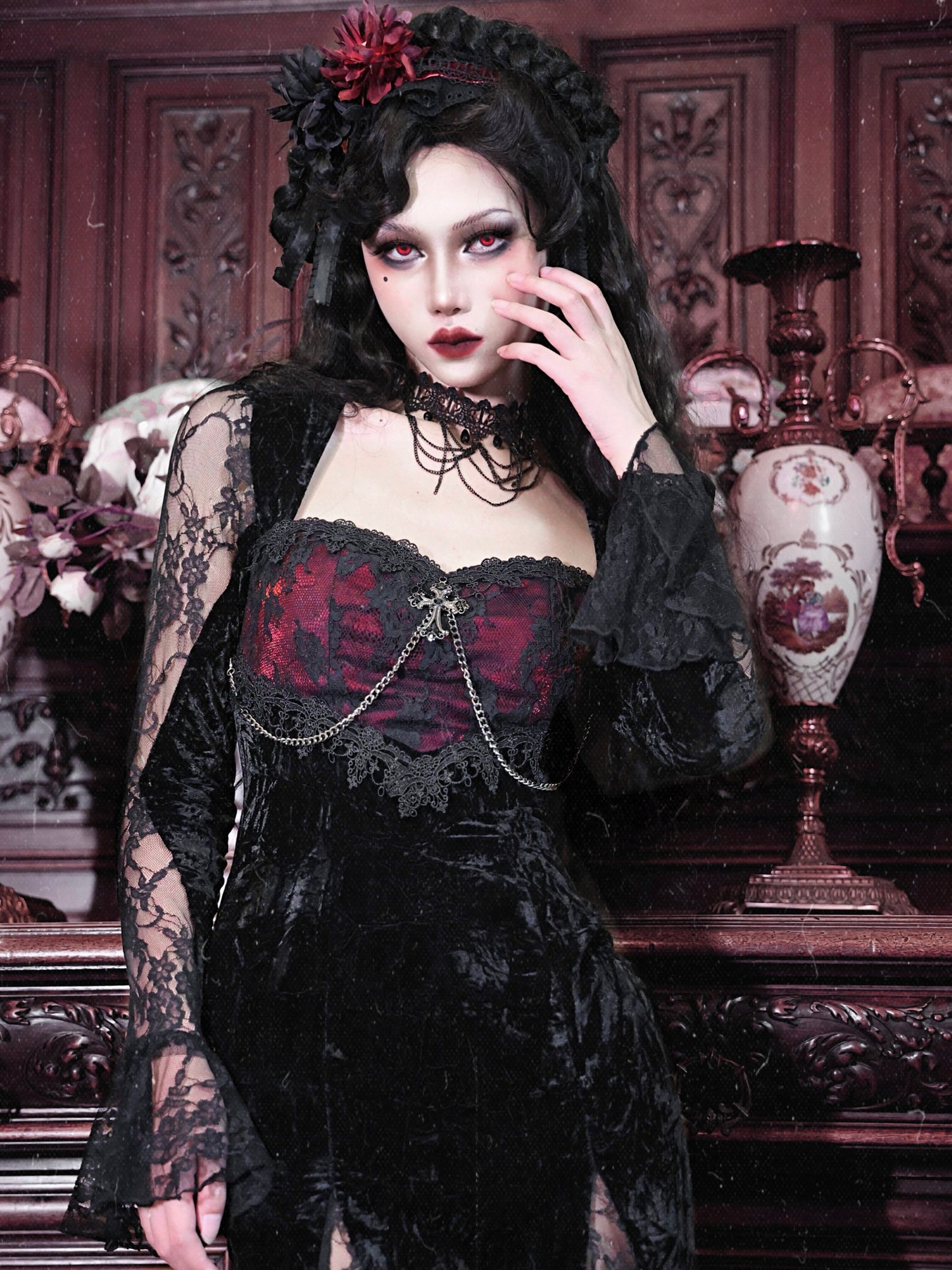Black gothic corset dress with burgundy bust detail, long sheer sleeves, lace overlay