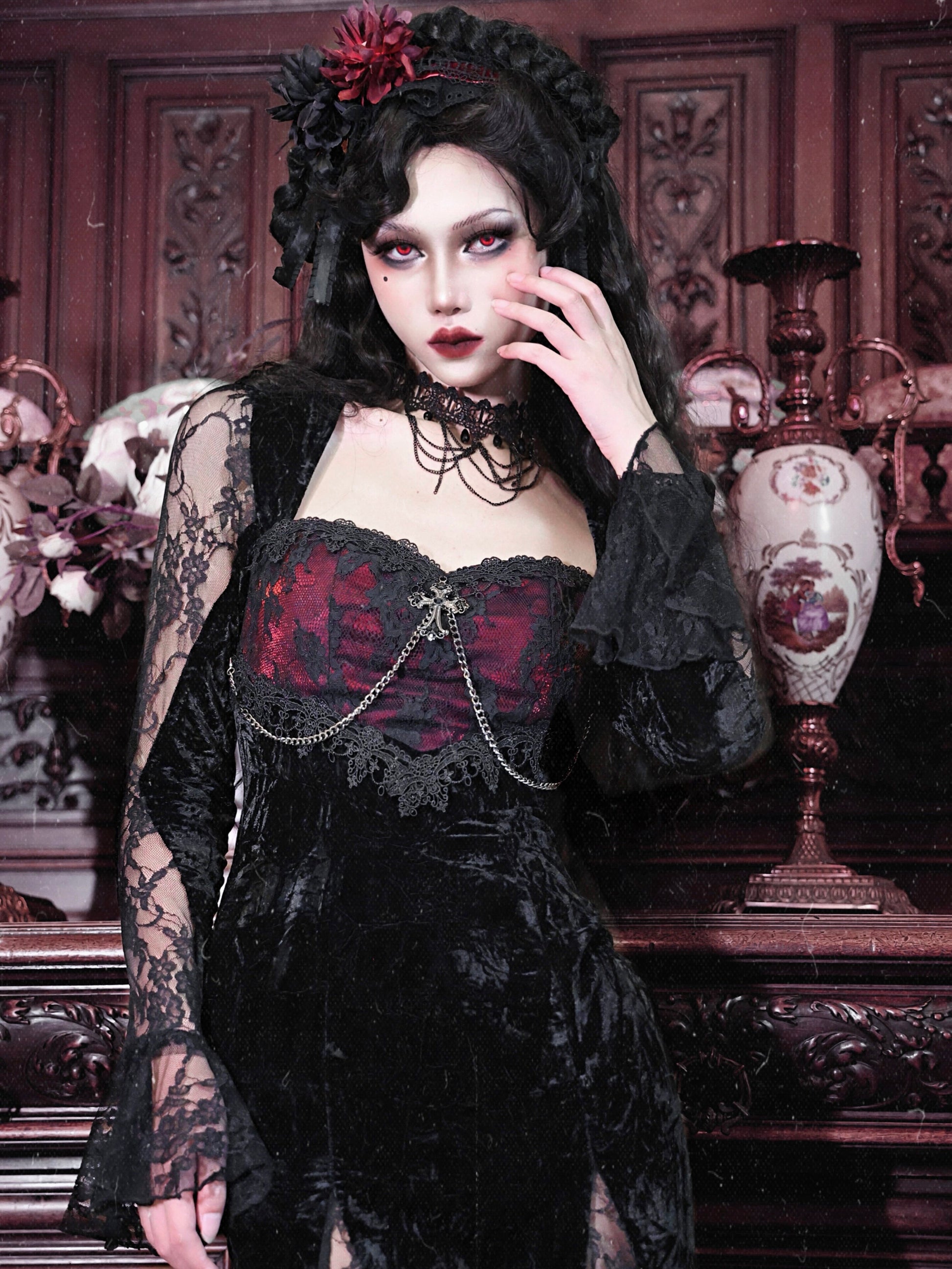 Black gothic corset dress with burgundy bust detail, long sheer sleeves, lace overlay