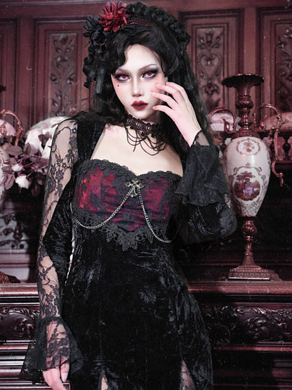 Black gothic corset dress with burgundy bust detail, long sheer sleeves, lace overlay