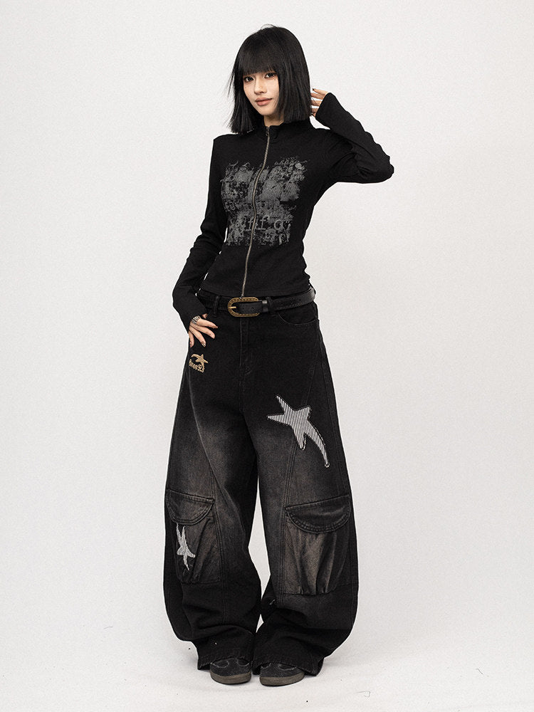 Black zip-up long-sleeve jacket with gray graffiti print and front zipper