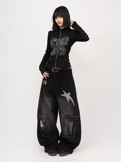 Black zip-up long-sleeve jacket with gray graffiti print and front zipper