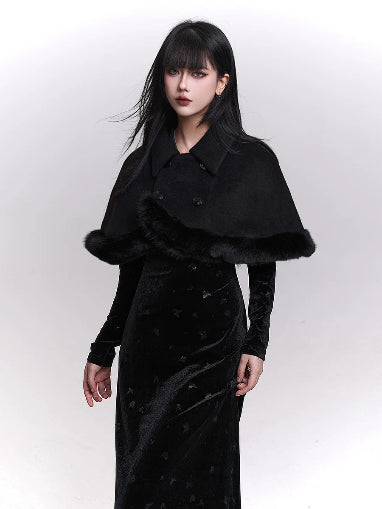Woolen cape shawl jacket in dark fabric with faux fur trim and buttoned collar