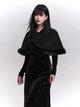 Woolen cape shawl jacket in dark fabric with faux fur trim and buttoned collar
