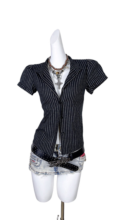 Navy pinstriped lapel shirt with short sleeves and buttoned center front