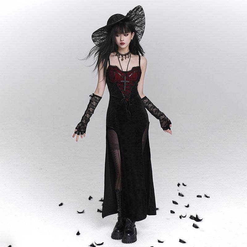 Black gothic camisole maxi dress with red corset bodice and high slit skirt panel