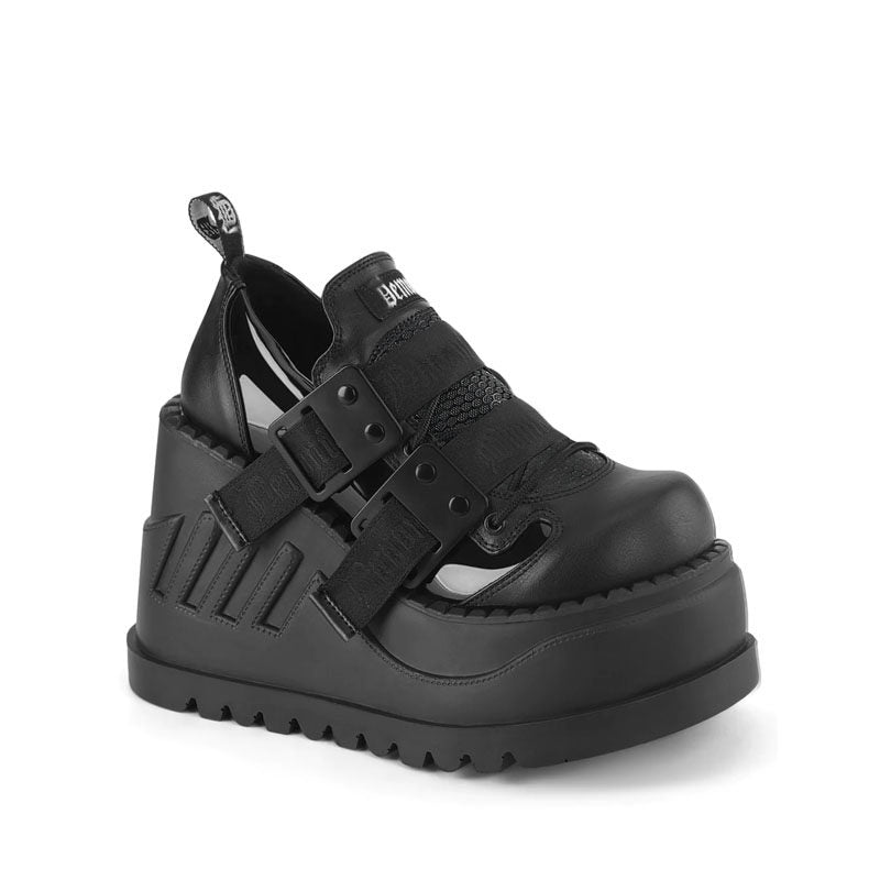 Black platform shoes with double buckles and raised cushioned sole