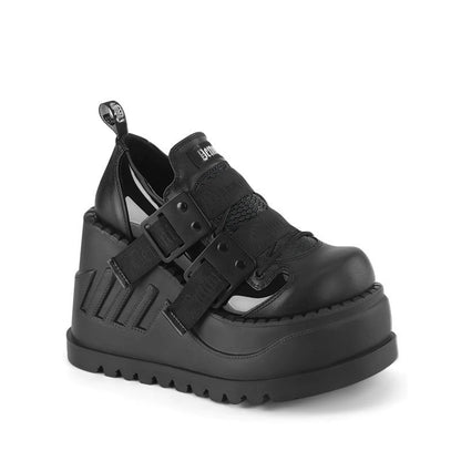Black platform shoes with double buckles and raised cushioned sole