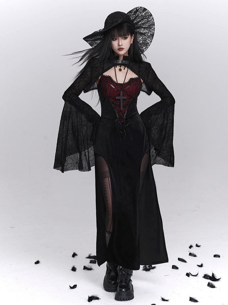 Black maxi camisole dress with red corset detailing, sheer sleeves, thigh-high slit