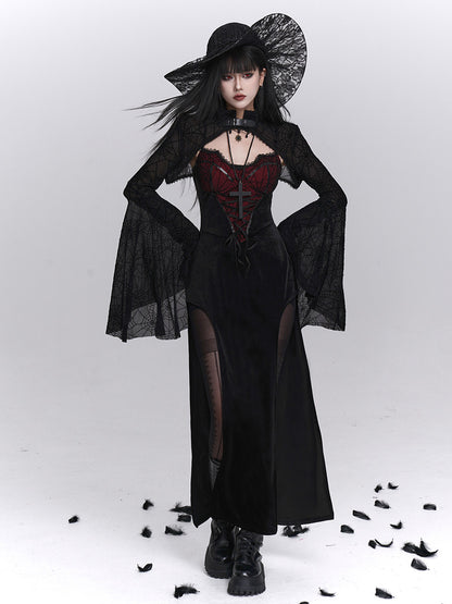 Black maxi camisole dress with red corset detailing, sheer sleeves, thigh-high slit