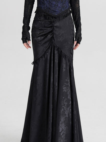 Black jacquard midi skirt with corset-style front tie bow and draped panels