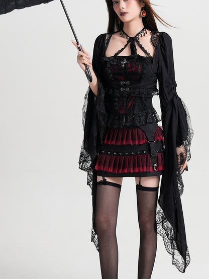 Black cropped lace coat with long flared sleeves and lace-cuff panels over dress.