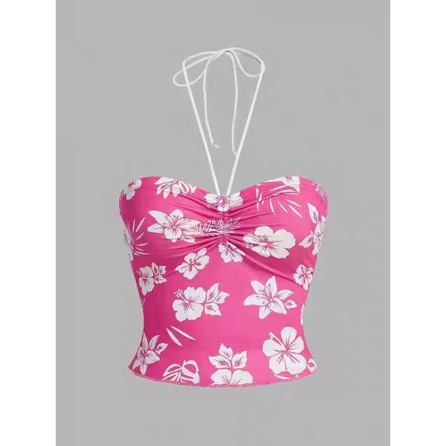 Pink floral bandeau camisole with ruched center and tie shoulder straps
