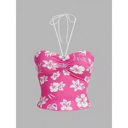 Pink floral bandeau camisole with ruched center and tie shoulder straps