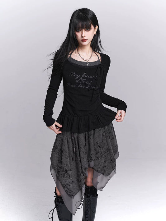 Ghost girl black long-sleeved halterneck fake two-piece top women's fashion foreign design niche spring wear