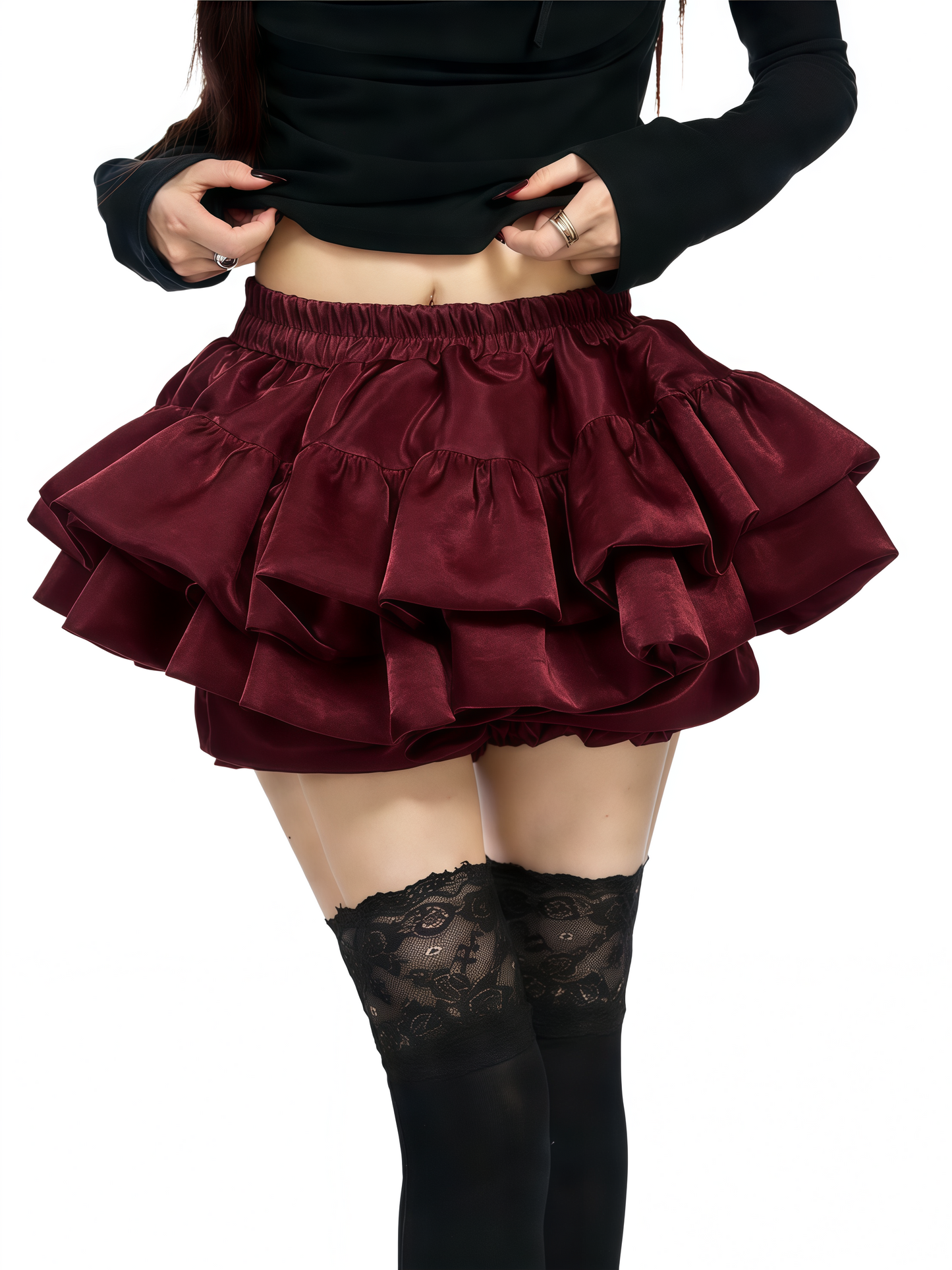 Burgundy tiered ruffle skirt with gathered elastic waistband and layered fabric