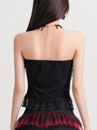 Black lace halterneck vest blouse back view with crisscross strap detail and red pleated ruffle hem.