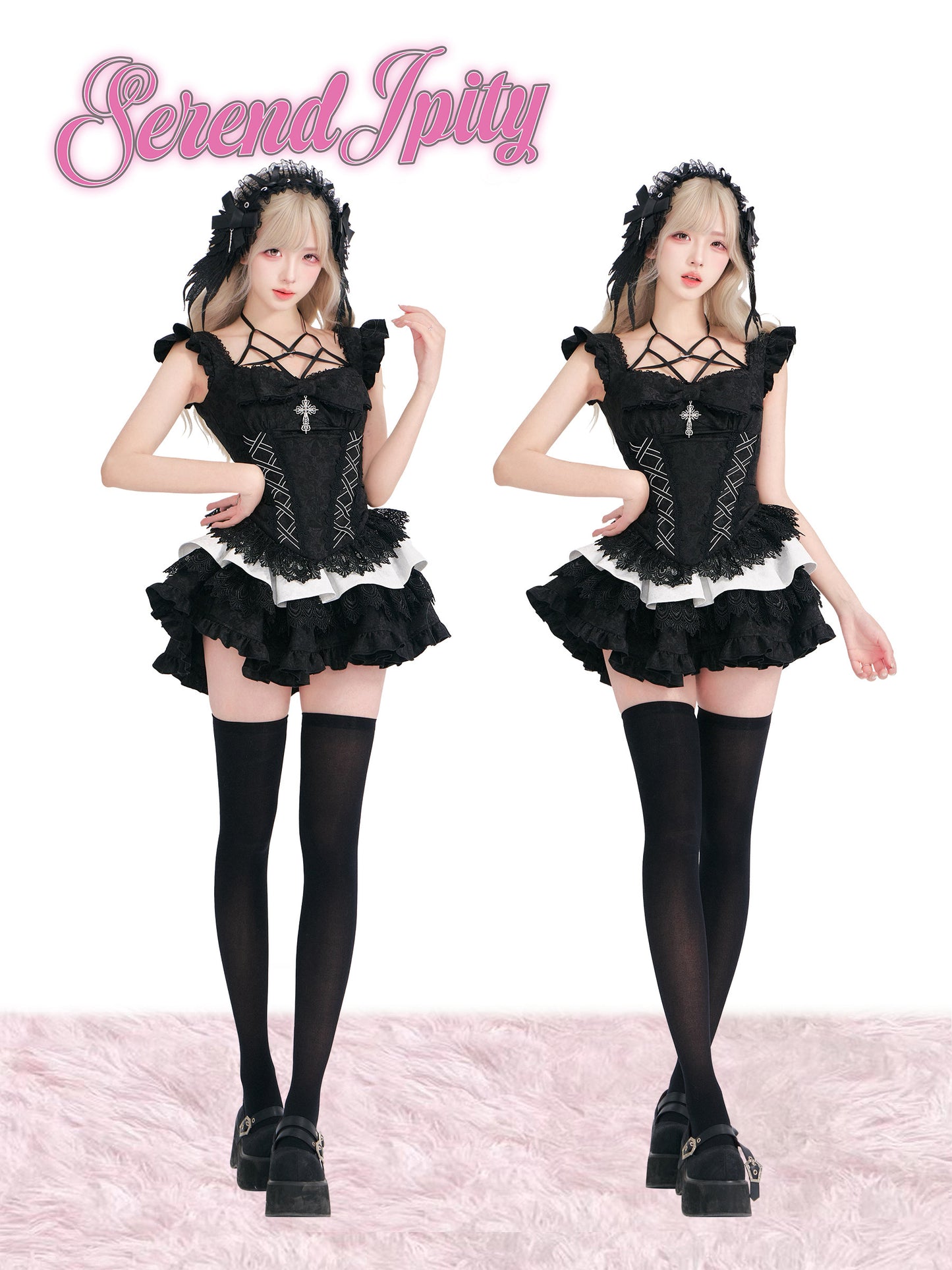 Black lace-up corset top with ruffled shoulders and layered black-and-white cake skirt
