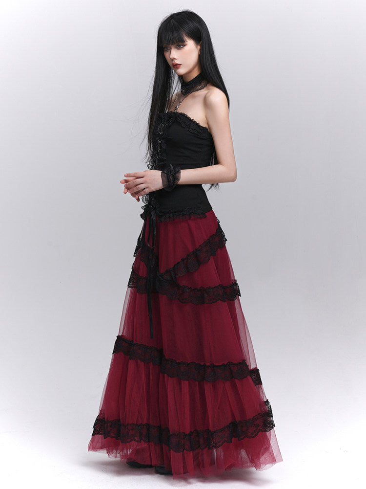 Burgundy gauze maxi skirt with black lace-edged tiered ruffles and sheer tulle layers