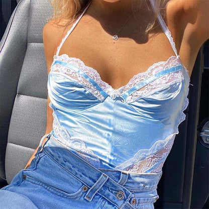 Light blue lace-trim corset crop top with spaghetti straps and ruched cups