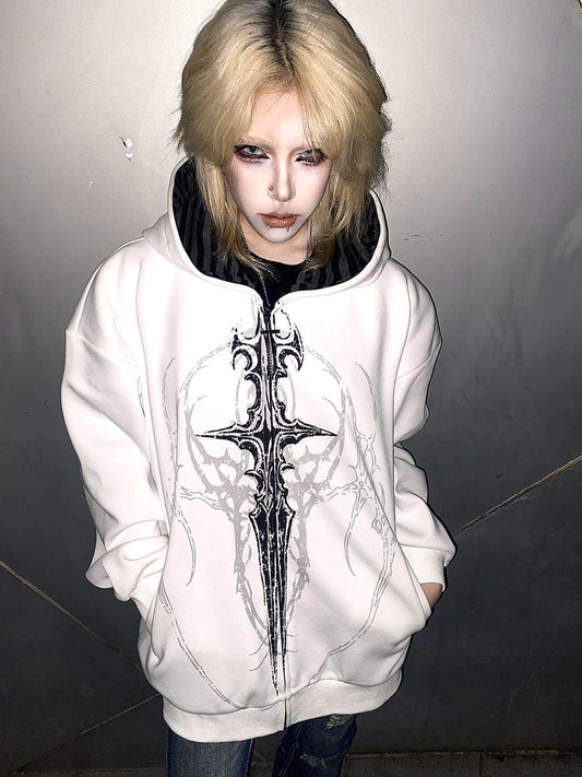 Gothic Print Hooded Loose Jacket