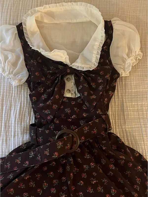 Floral doll collar shirt dress, dark brown with small multicolor flowers, bow front and belt