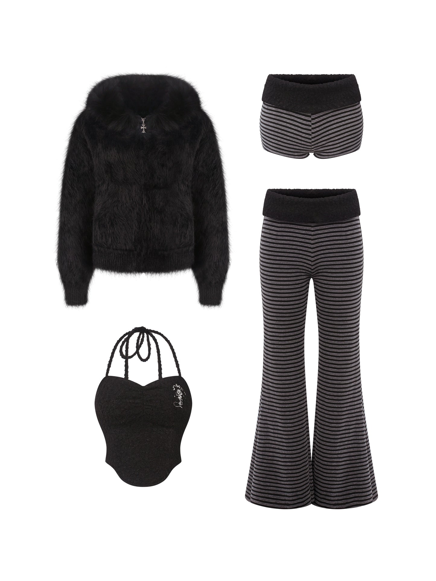 Black faux fur jacket, striped shorts, striped flared trousers, and black mini bag