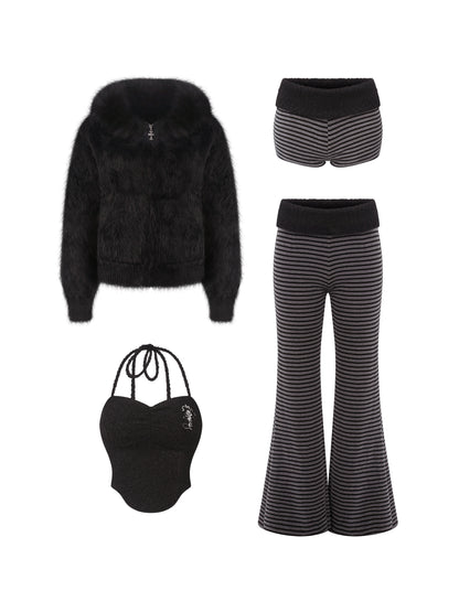 Black faux fur jacket, striped shorts, striped flared trousers, and black mini bag