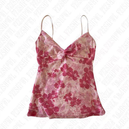 Floral camisole top, pink floral print with bow at bust and ruffle hem