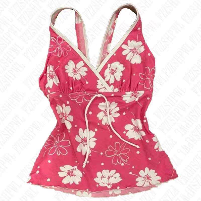 Floral camisole top, hot pink with white flowers and drawstring tie detail