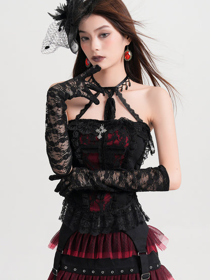 Black lace halterneck vest blouse with red panel, sheer lace long sleeves, layered ruffle hem.