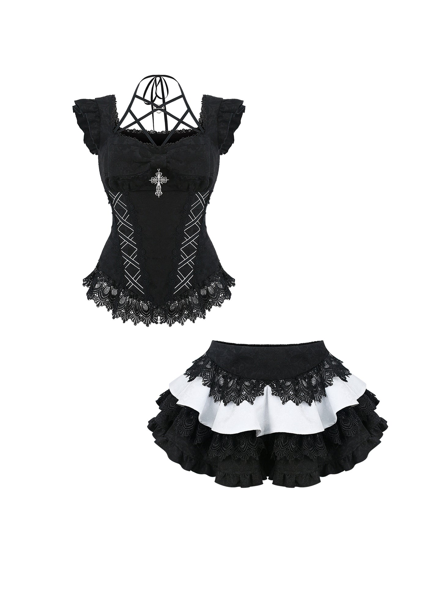 Black jacquard corset top with cross pendant and black-and-white ruffled cake skirt