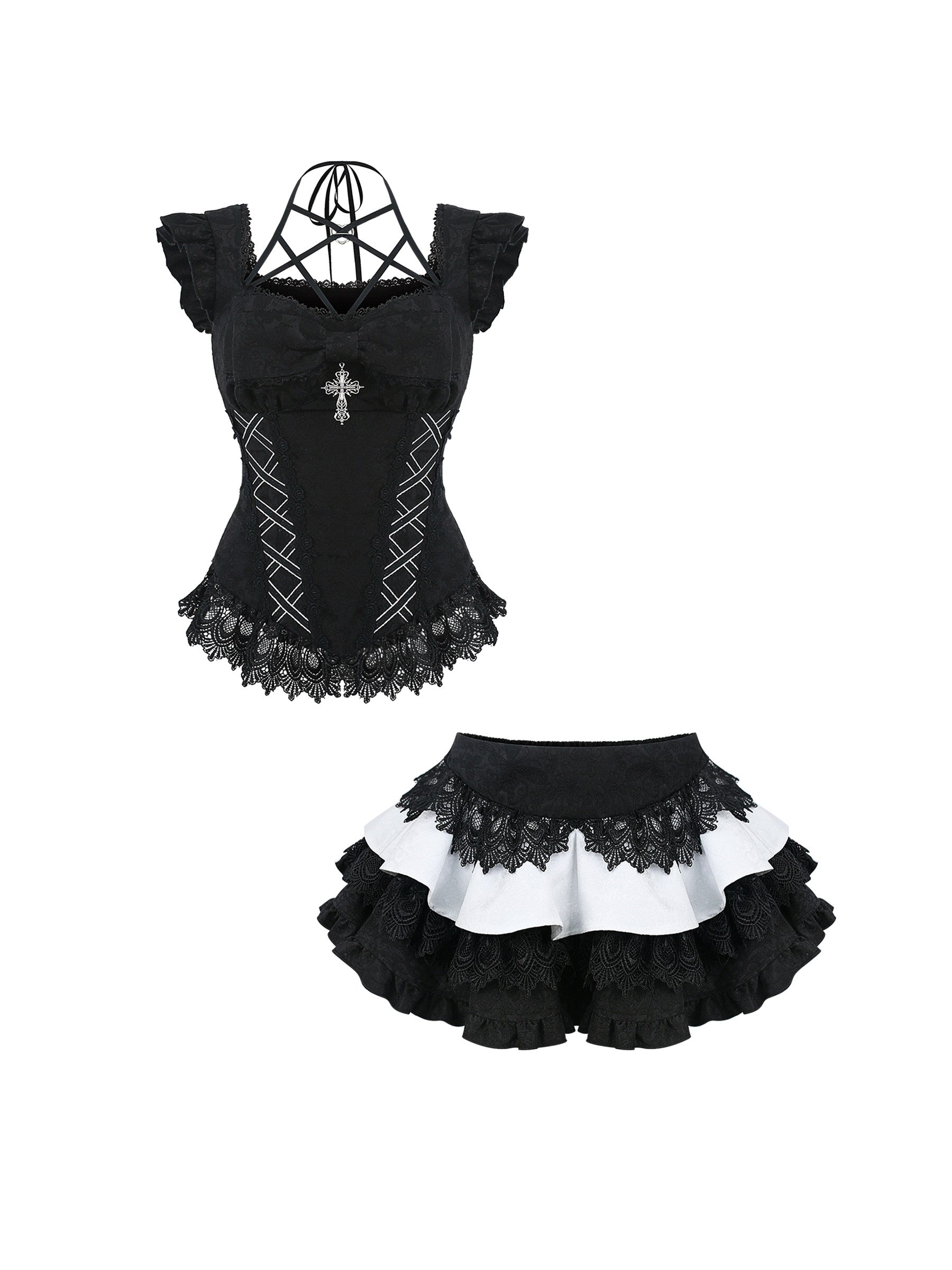 Black jacquard corset top with cross pendant and black-and-white ruffled cake skirt