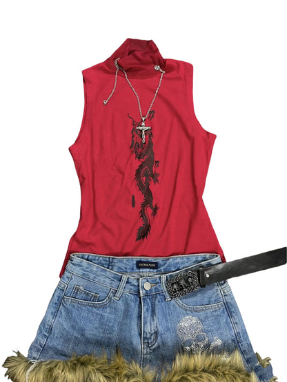 Red sleeveless slim-fit top with high neck and dark dragon graphic