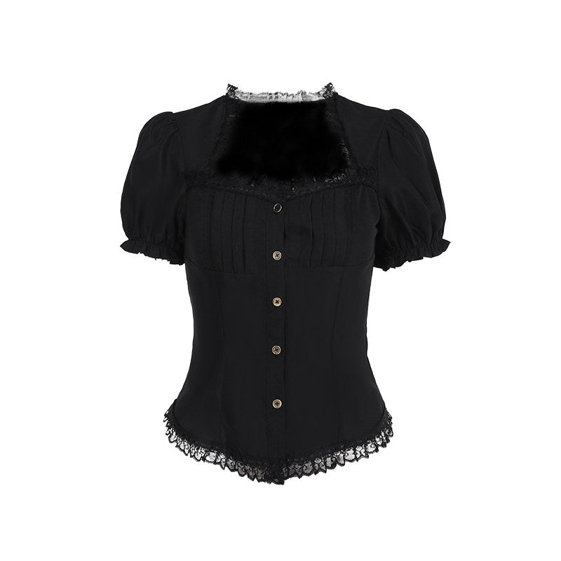 Black square-neck blouse with puff sleeves, gathered bodice, and lace-edged hem