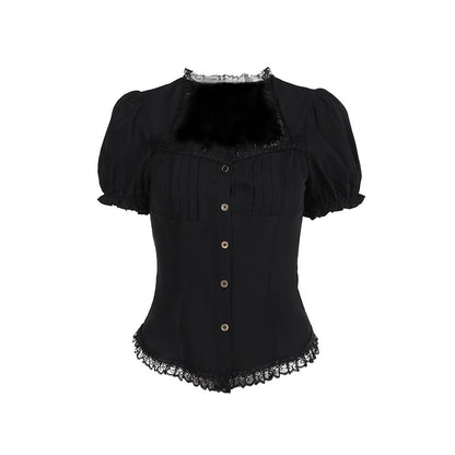 Black square-neck blouse with puff sleeves, gathered bodice, and lace-edged hem