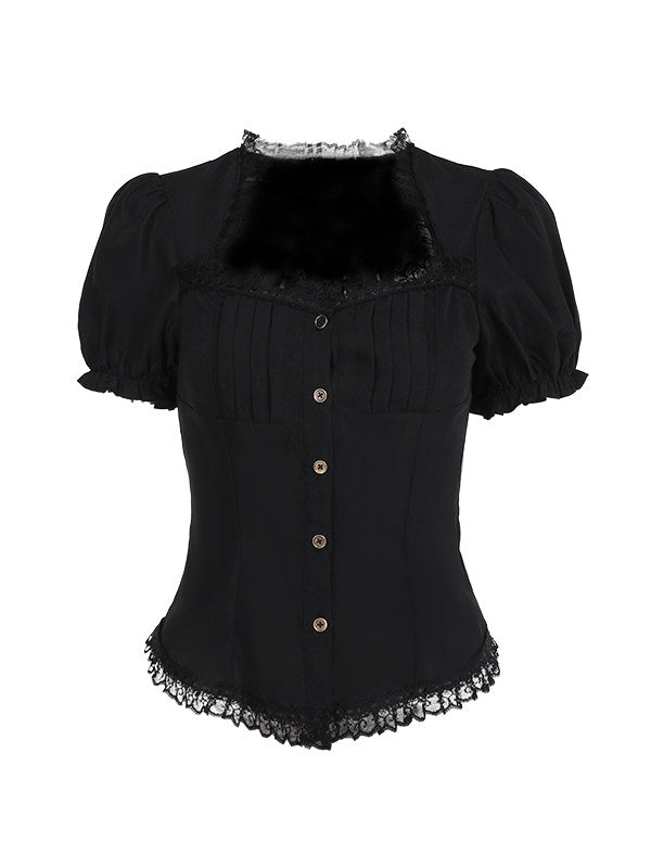 Black square-neck gothic blouse with puff sleeves, lace collar, and front buttons